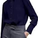 Women's Button Down Shirt Classic Long Sleeve Collared Tops Work Office Chiffon Blouse (Blue, L)