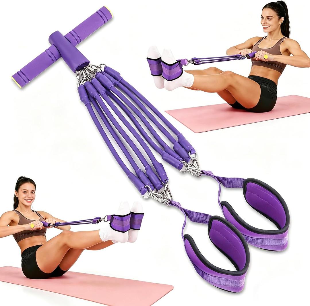 Pedal Resistance Band with Handle - 8-Tube Adjustable (20-80LBS) for Full Body Workout, Home Gym, Yoga & Strength Training Non-Slip Grips & Foot Pedal (Purple)