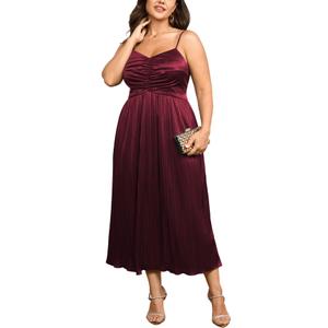 SCOMCHIC Women's Plus Size Dress Pleated V Neck Sleeveless Spaghetti Strap A Line Cocktail Party Cami Long Maxi Dress Burgundy (Red)