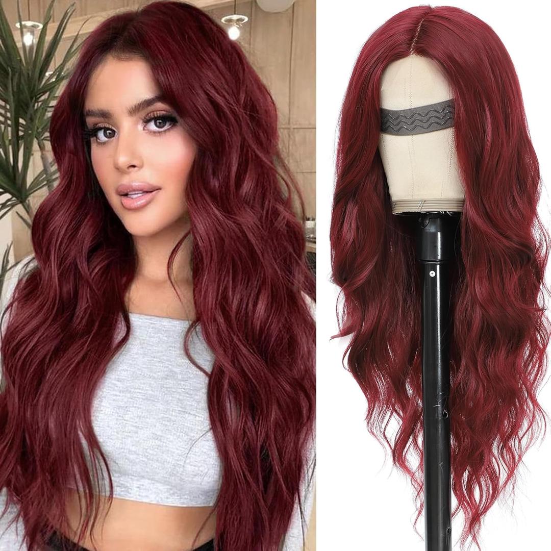 Burgundy Wig for Women, Long Red Wavy Wig Middle Part 26 Inch Red Wigs Natural Looking Heat Resistant Synthetic Wigs for Daily Party Use