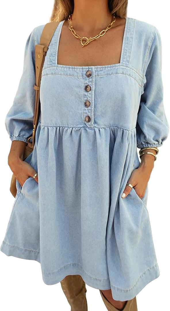 Skirt BL Denim Dress for Women Square Neck Jean Dress 3/4 Sleeve Babydoll Tiered Summer Dresses with Pockets 2025 (X-Large)
