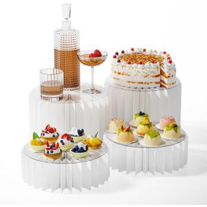 HeiMma 4 Pack Buffet Risers, FOLDABLE Accordion Food Display Risers for Dessert Table,Dessert Table Display Set, White Cardboard Cylinder Cake Cupcake Stands for Party, Multi-height, 12in Round