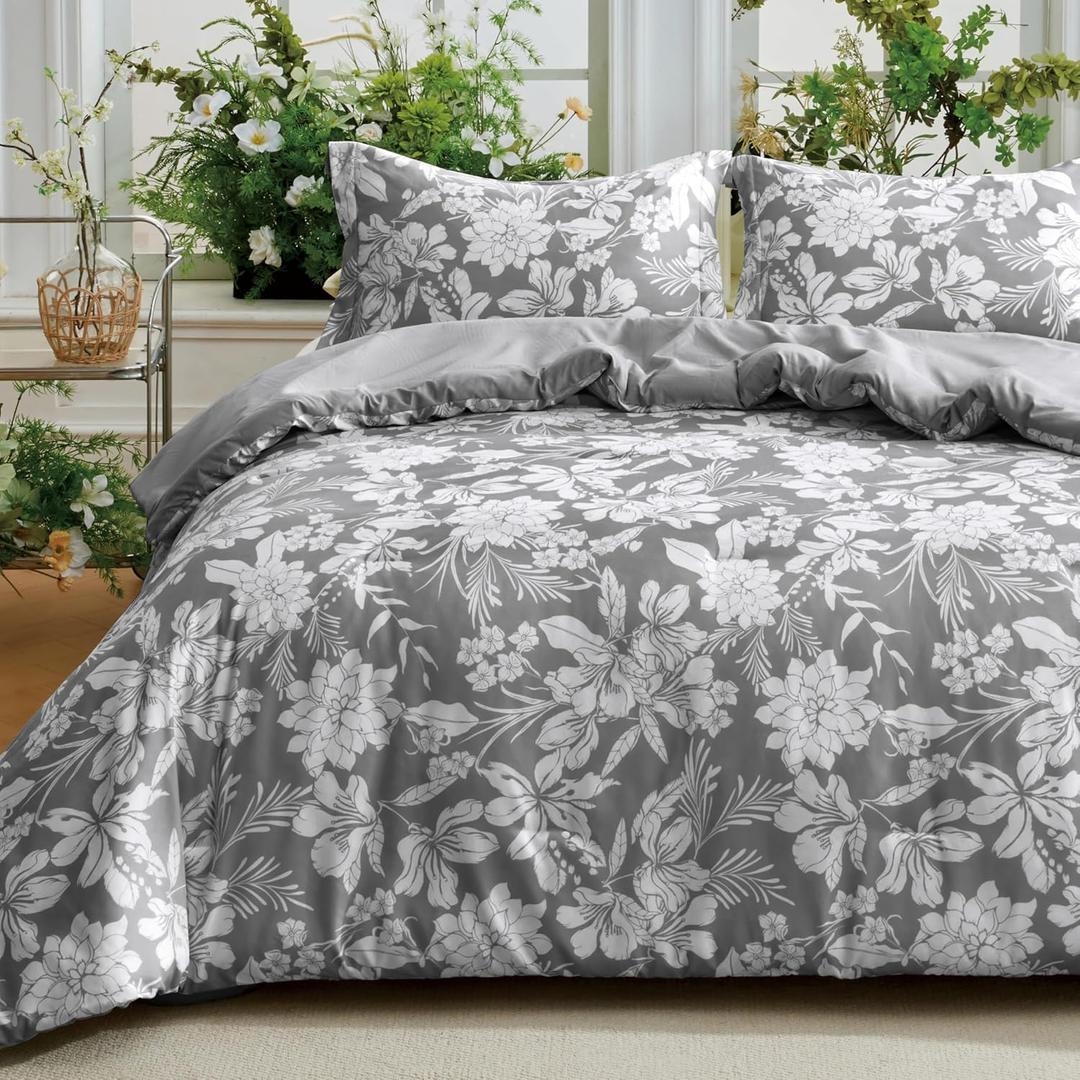 Joiedomi Queen Comforter Set Grey, 3 Pieces Floral Queen Bedding Set with 1 Soft Reversible Botanical Flower Comforter and 2 Pillow Shams, Bed in a Bag for All Seasons