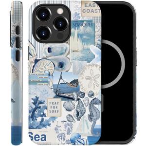 Case Compatible with iPhone 15 Pro Max,Compatible with MagSafe,Fall Prevention Hybrid 2-Layer Hard Shell Cases for Girls Boys,Seashell Ocean Blue Retro Collage