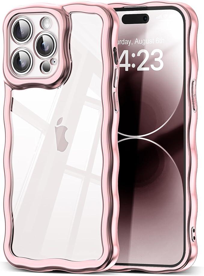 SKYLMW Compatible with iPhone 14 Pro Case, Kawaii Cute Curly Wave Frame Luxury Plating Edge, Stylish Glossy Clear Back, Soft TPU Shockproof Protective Cases for iPhone 14 Pro, Rose Gold