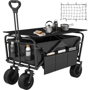 DWVO Collapsible Wagon Cart with Table Plate, Large Capacity Folding Utility Wagon, Adjustable Handle Height Foldable Utility Garden Cart, Outdoor Beach Wagon for Camping, Shopping, Sports, Black
