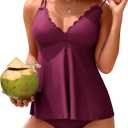 Scallop Trim Tankini Bathing Suit for Women Two Piece Tummy Control Tankini Top with Bikini Bottom Swimsuit Wine Red, X-Large