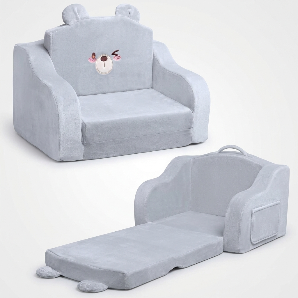 Kids Couch for Playroom, 2-in-1 Soft Toddler Couch Fold Out, Toddler Chair Comfy 1-3 Years Old, Convertible Sofa to Lounger for Girls and Boys, Cuddly Kids Furniture Floor Recliner, Grey Bear