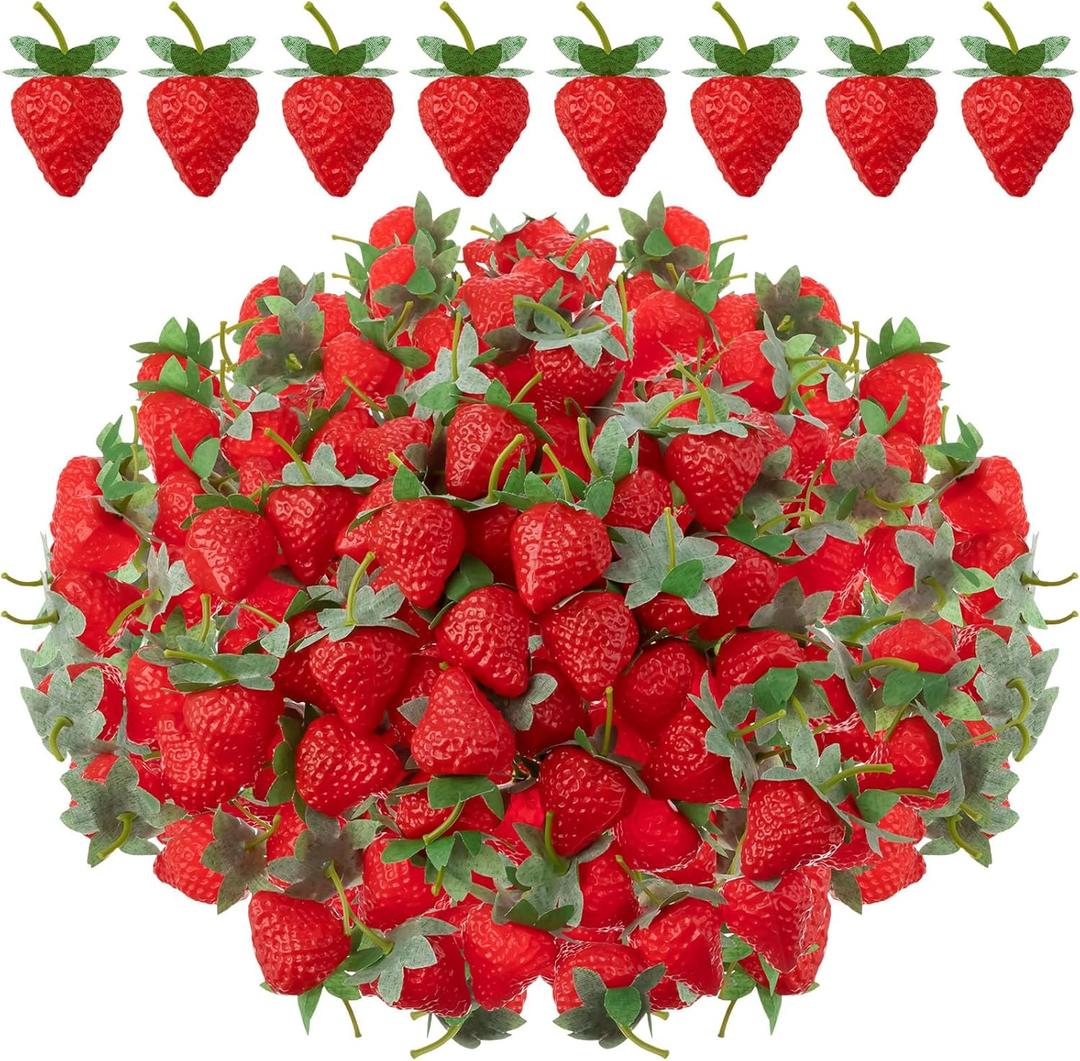 Lyrow 100 Pieces Artificial Strawberries 2.2inch/2.76inch/3.35inch Faux Realistic Strawberry Decor Plastic Simulation Fake Lifelike Fruit for Photography Prop Cabinet Party(Cute)