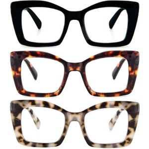 REAVEE 3 Pack Oversized Square Reading Glasses Oprah Style for Women, Blue Light Blocking Large Frame Computer Designer Fashion Readers with Spring Hinge (Black/ Tortoise/ Grey Tortoise, 2.75)
