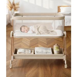 Fodoss Baby Bassinets Bedside Sleeper - 3-in-1 Baby Bassinet with Wheels, Soft Mattress, Storage Tray, Full-Mesh Sides, 7-Height Adjustable Crib for Newborns