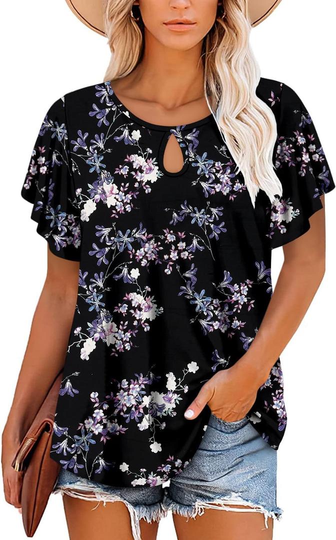 ONLYSHE Womens Summer Tunic Tops Ruffle Sleeve Pullf Short Sleeve Shirts (Black, M)