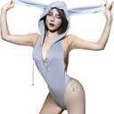 Women's Sexy Mesh Cheongsam Dresses Sexually Fun Pajamas High Split Cheongsam Nightgown Halterneck Clubwear Tights Dress Lingerie, Ladies Rabbit Girl Grey Dress