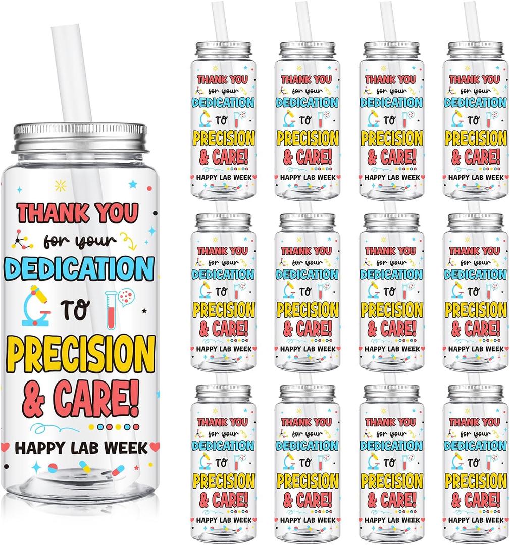 Vesici 12 Pcs Lab Week 2026 Appreciation Gift 14.2oz Thank You Tumbler with Lid and Straw Plastic Tumbler Bulk Inspirational Gifts Cold Drinking Cup for Science Birthday Laboratory Coworker Stuff