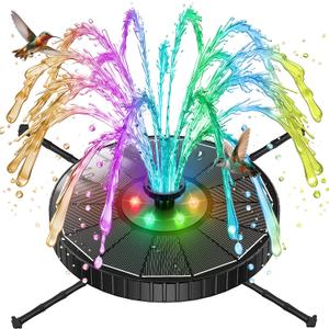 Solar Fountain with 3 Spray Height, Colorful Led Lights, 3.5W Glass Solar Bird Bath Water Fountain with 2000mAh Battery, 4 Rotating Rods and 7 Nozzles for Hummingbird Bathing, Outdoor Decor