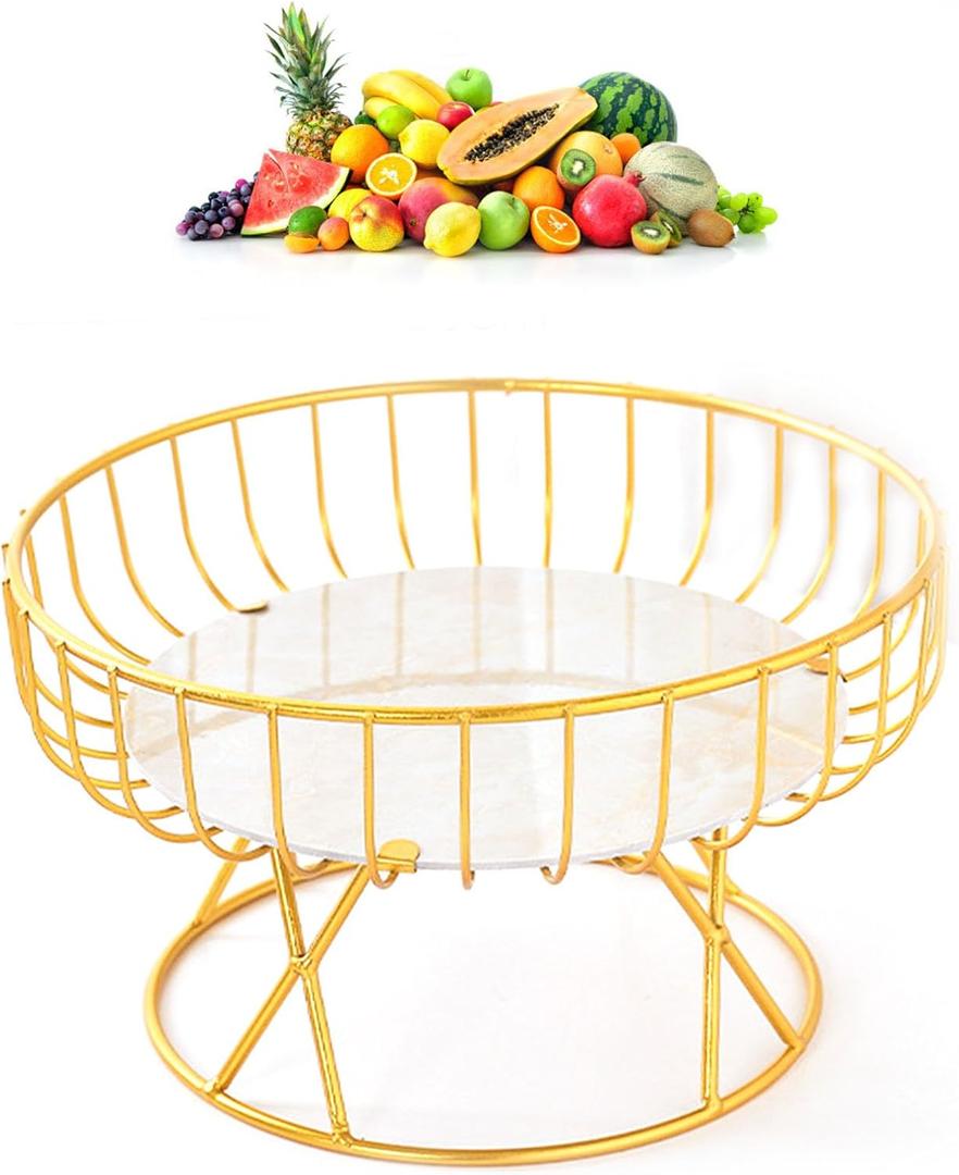 Metal Wire Fruit Bowl, 9 inch Gold Metal Fruit Basket Bowl Countertop Fruit Holder Stand Decor Pedestal Serving Bowls for Fruits Breads Vegetables Snacks (Small)