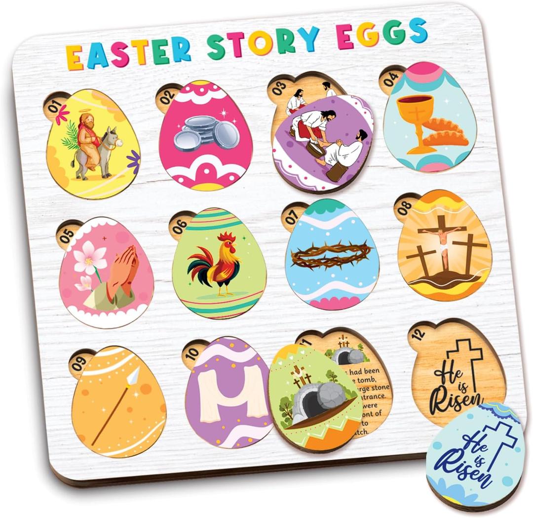 Easter Story Eggs - Resurrection Eggs Easter Story - 12 Wooden Egg Puzzle with Matching Religious Story - Resurrection Gifts for Kids - Christian Toddler Gifts - Christian Basket Stuffer for Kids (Rectangular White)