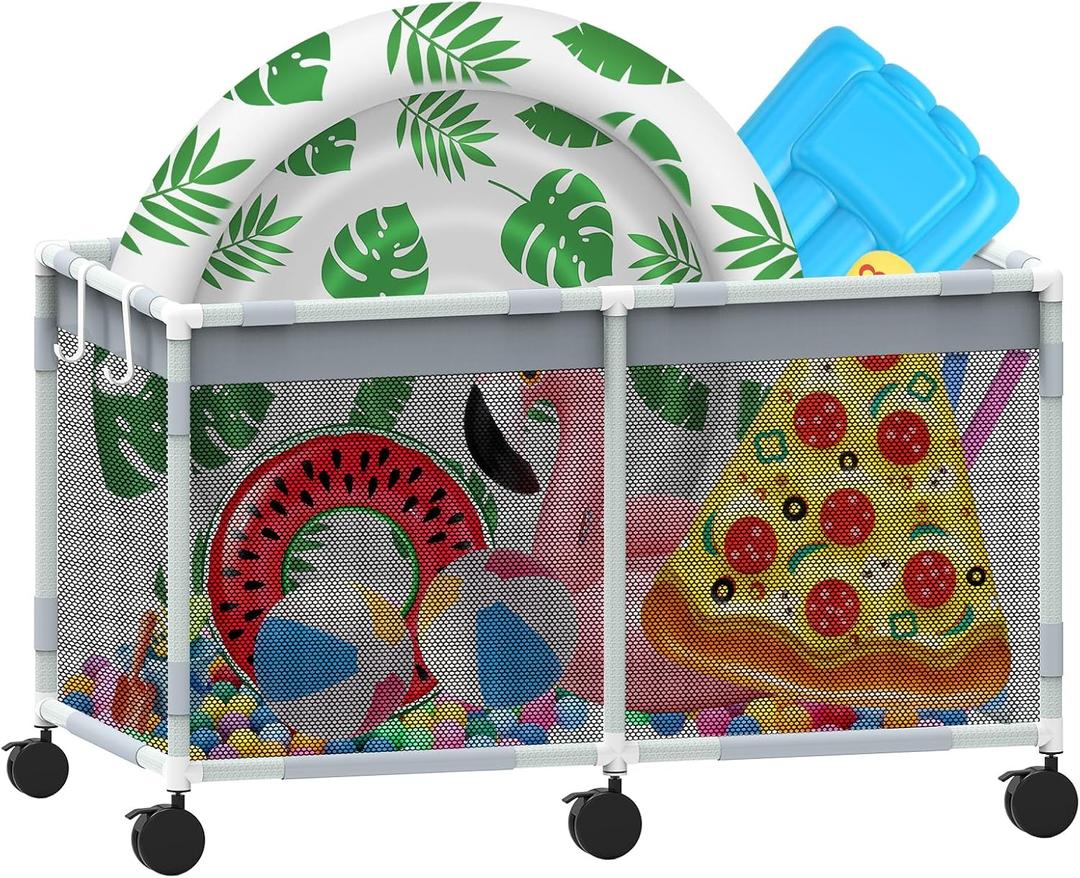 69"x33"x35" Extra Large Pool Storage Bin, 285 Gallon Pool Float Storage Organizer for Noodles, Toys, Floats and Balls, Outdoor Mesh Rolling Pool Toy Storage Organizer Bin for Swimming Equipment