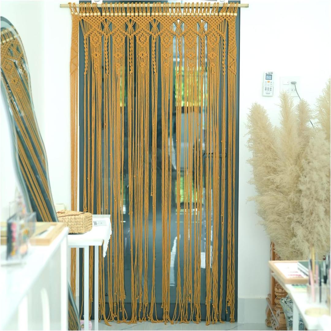 Macrame Curtains Boho, Beaded Curtains For Doorways, Macrame Wall Hanging, Bead Doorway Curtain, Boho Backdrop, Hanging Beads For Doorways, Beaded Doorway Curtain L77" X W35" (Gold)