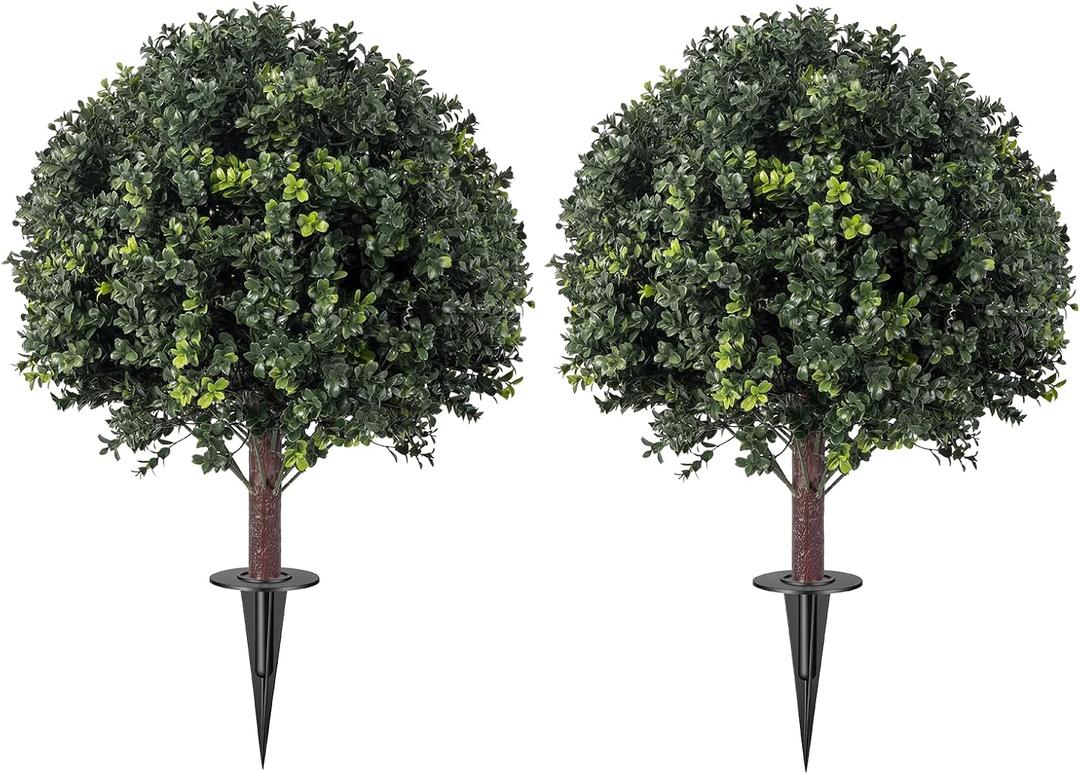 Artificial Topiary Ball Tree Outdoor Plants with Ground Spike 27" UV-Resistant Faux Shrubs, Eucalyptus Fake Plants for Indoor & Outdoor Use, Yard, Porch, and Patio Decor