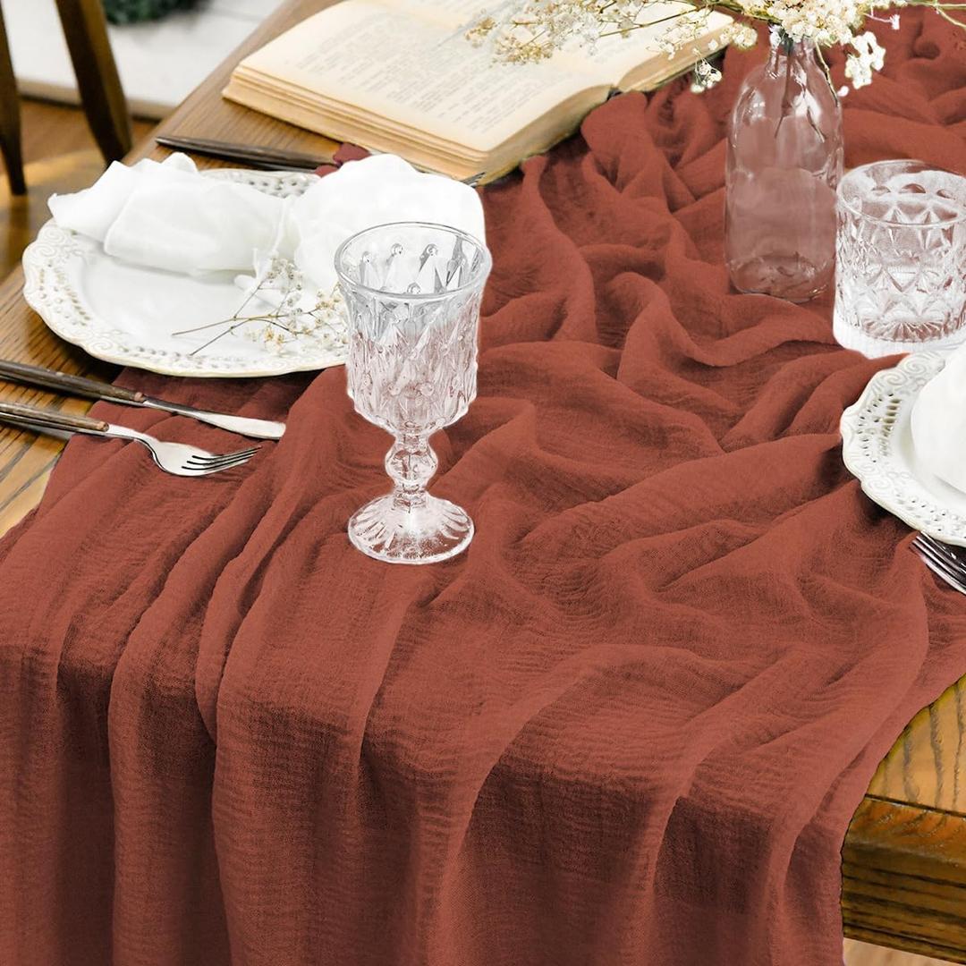 Artoid Mode Boho Cheesecloth Gauze Terracotta Wedding Table Runner, 120 Inch Seasonal Fall Thanksgiving Fabric Kitchen Dining Holiday Table Decor for Home Party Indoor