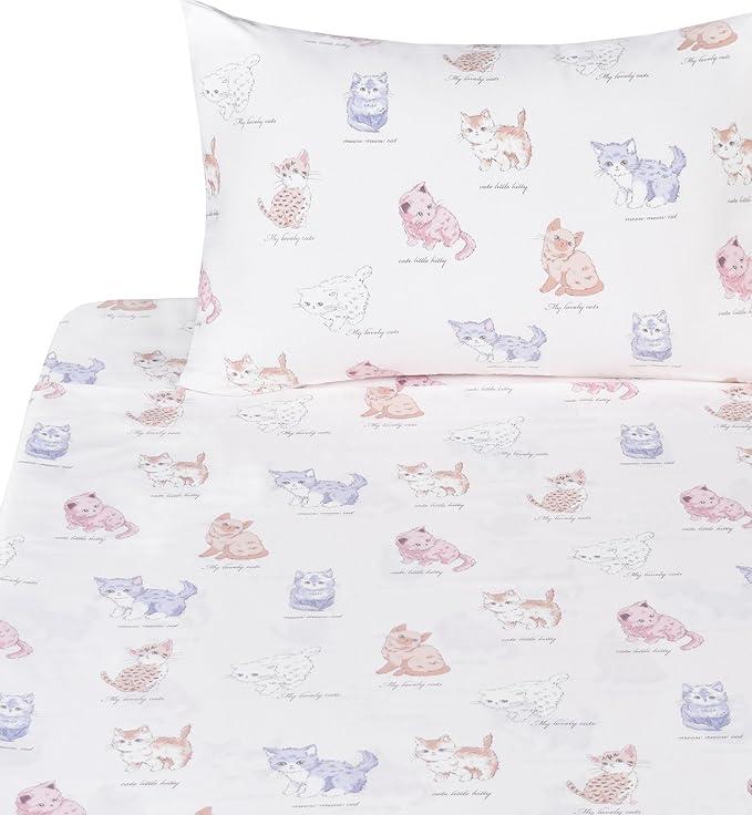 J-pinno Pink Kitty Sweet Cats Girls Kids Twin Sheet Set Bedroom Decoration Gift, 100% Cotton, Flat Sheet + Fitted Sheet + Pillowcase Bedding Set (Pink Kitty, Twin)