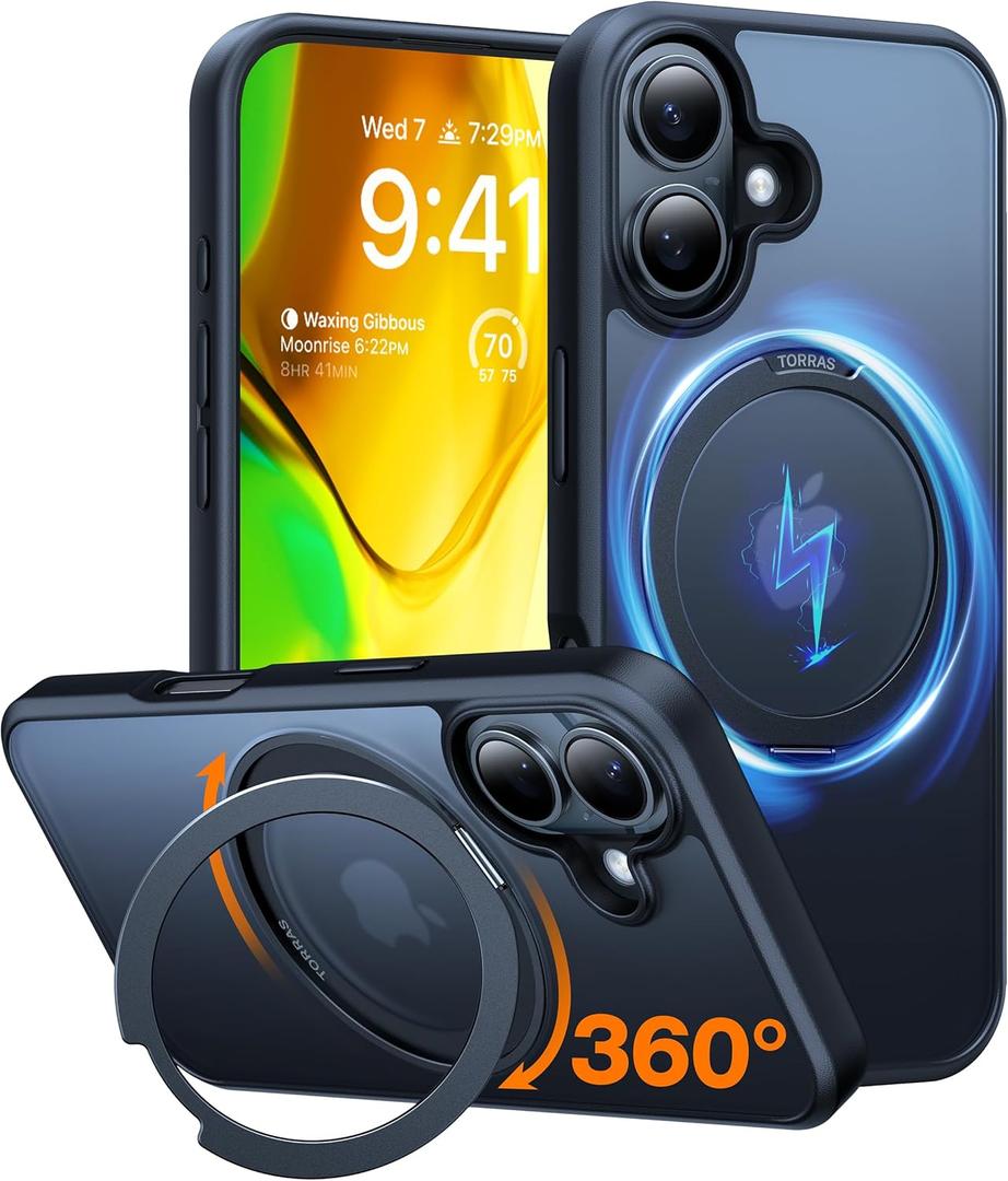 TORRAS 360 Rotatable Magnetic Ring for iPhone 16 Plus Case, Fit for MagSafe with Stand Ring Holder, 16FT Military Grade Shockproof Translucent Back Case for iPhone 16 Plus Phone Case Ostand, Black