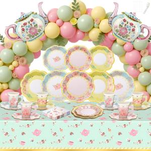 222 Pcs Tea Party Decorations and Supplies for 24 Guests, Floral Disposable 7" and 9" Paper Plates, Paper Cups, Napkins, Tablecloths, Balloons for Floral Birthday Party Wedding Baby Shower