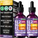 NUSAVA B12 Liquid Drops 5000mcg, Grape Flavor, Pack of 2 | Energy, Brain and Heart Support, Methylcobalamin B12 with B6 and B Complex, Vegan, Sublingual Drops for Women and Men Exp: 06/2028