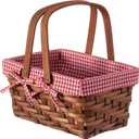 Wickerwise Small Rectangular Woodchip Picnic Baskets with Double Folding Handles, Natural Hand-Woven Basket Lined with Gingham Red and White Lining Great for Gifts