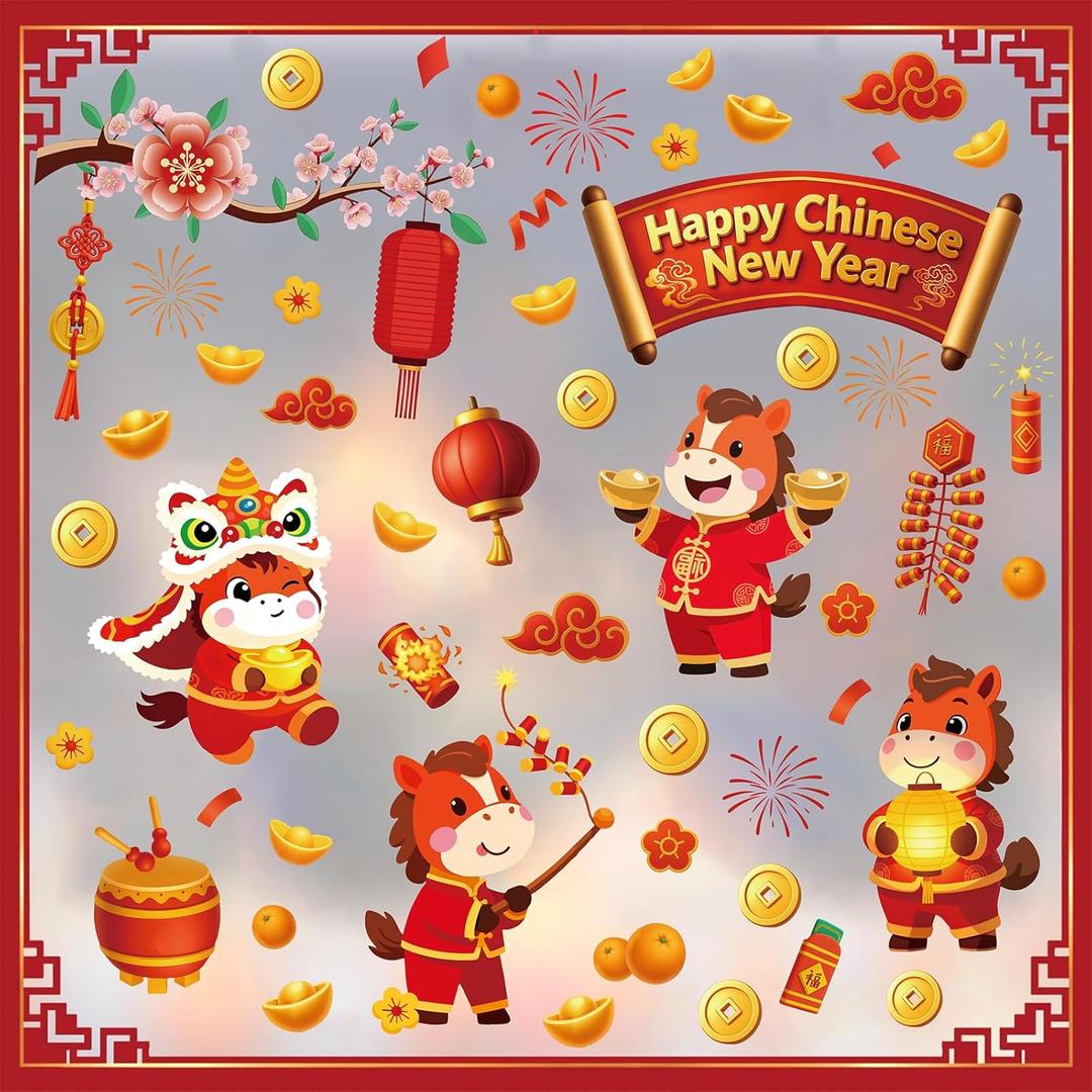 2026 Chinese New Year Window Cling,Lunar New Year Wall Sticker,Vinyl The Year of The Horse Window Cling,Spring Festival Wall Decal,Red Flower Plum Blossom Lantern Sticker for Glass Home