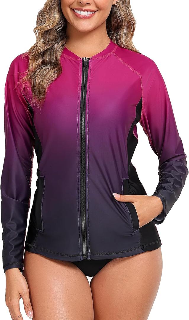 Halcurt Women's Full Zip Long Sleeve Rash Guard Swim Top with Pockets UPF50+ Quick Dry Swimsuit (L)