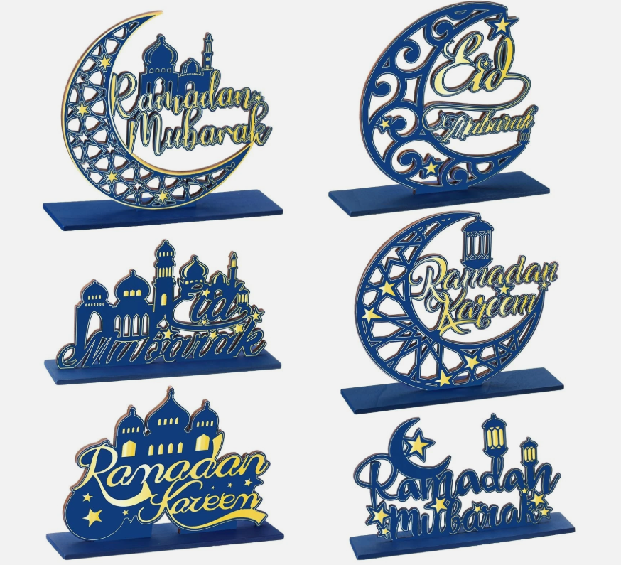 Hoolerry 6 Pcs Eid Mubarak Party Decoration Hollow Ramadan Table Centerpieces Moon Star Wood Letters Wooden Plaque Ornament for Eid Mubarak Ramadan Home Room Decor Craft, Blue