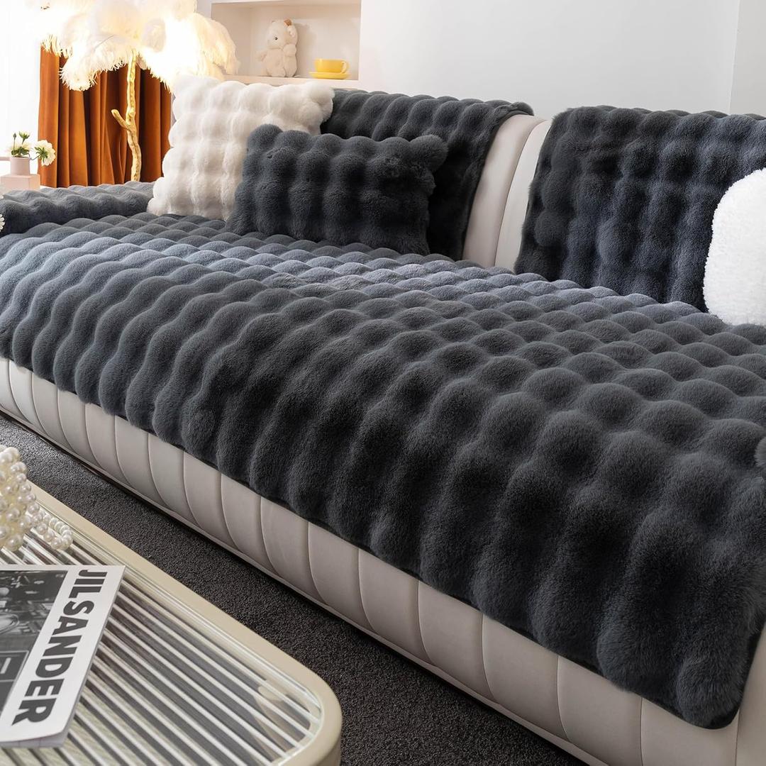 Faux Fur Couch Cover, Soft Warm Plush Sofa Couch Cover, Non Slip Sectional Sofa Slipcovers for L Shaped, Washable Furniture Protector for Kids, Dogs(Dark Gray, 36"x 94")