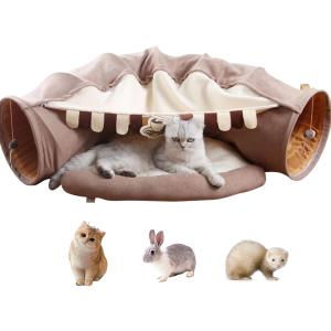 Cat Rabbit Tunnel Bed Nest for Cats Indoor, with Collapsible Washable Soft Cushion, Plush Ball and Exercise Wheel Tube, Fit for Puppy Bunny Kitty Kitten Ferret (Coffee)