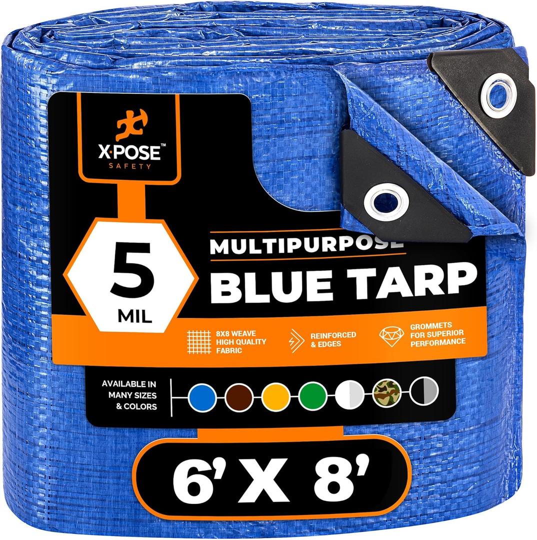 Better Blue Poly Tarp 6' x 8' - Multipurpose Protective Cover - Lightweight, Durable, Waterproof, Weather Proof - 5 Mil Thick Polyethylene - by Xpose Safety