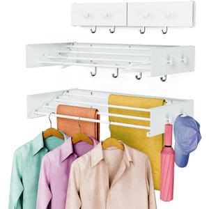 Drying Rack Clothing,Clothes Drying Rack Wall Mounted,Laundry Drying Rack Wall Mount,Foldable,Collapsible,60 lb Capacity 5 Aluminium Poles with 6 Hooks (White, 23.6'')