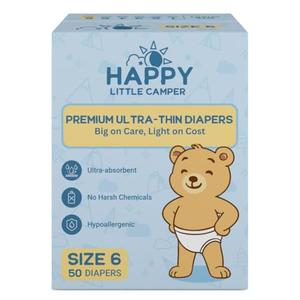 Happy Little Camper Premium Ultra-Thin Diapers, Size 6, 35+ lbs, 50 Count | Ultra-Absorbent Disposable Baby Diapers for Sensitive Skin | Hypoallergenic, Fragrance-Free, Totally Chlorine Free