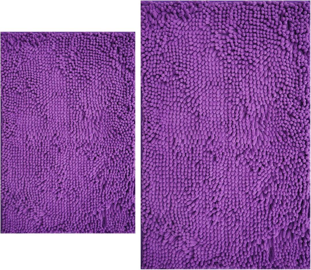 Bathroom Rugs Sets 2 Piece, Extra Soft Chenille Bath Mat Ultra Absorbent Bathroom Rug, Bathroom Mat with Sturdy PVC Non-Slip Bottom, Machine Washable Bath Rugs (20x32 Inch + 16x24 Inch, Purple)