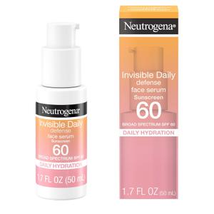 Neutrogena Invisible Daily Defense Broad Spectrum SPF 60, Antioxidants for Skin Glow, Hydrating Face Sunscreen Serum, Water Resistant (80 minutes), OilFree, Fragrance Free, Non Comedogenic, 1.7 Fl Oz