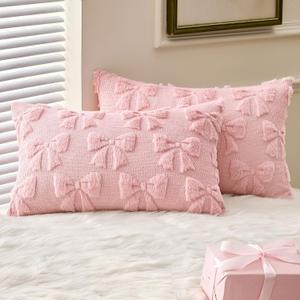 MIULEE Pink Bow Pillow Covers Coquette Room Decor Aesthetic Set of 2 Decorative Cute Girl Vlentine Pillow Covers Spring Soft Plush Faux Pillowcase for Preppy Room Decor Bedroom Couch,12x20 Inch