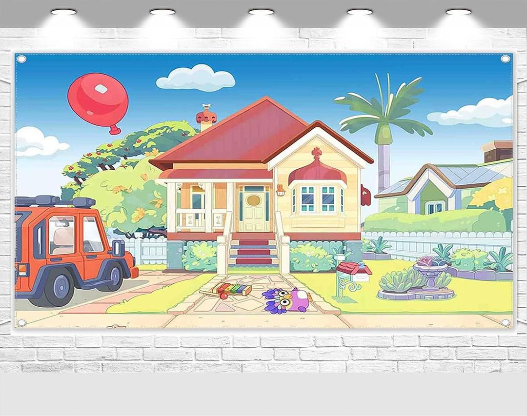 Cartoon Dog House Backdrop, Blue Sky Birthday Photography Background for Parties, Happy Birthday Photo Booth Prop Decorations 7x5 FT