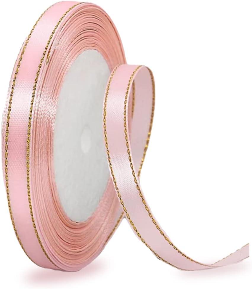 Blush Pink Satin Ribbons 3/8 Inch x 25 Yards, Fabric Ribbon with Gold Edges Border for Gift Wrapping, DIY Crafts, Floral Bouquets, Hair Bows, Sewing Projects, Baby Shower and Wedding Decorations