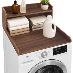 Royxen Single Washer Dryer Countertop, 2-Tier Laundry Countertop with Shelf, Soild Wood Core Washer Dryer Topper for Laundry Room Organization (Walnut)