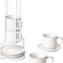 LE TAUCI Stackable Cappuccino Cups 6 oz with Saucers and Stand, Ceramic Embossed Coffee Mugs for Espresso Au Lait, Latte, Cafe, Mocha,Tea, Dishwasher Oven Safe - Set of 4, Arctic white