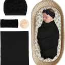 Stretchy Baby Swaddle Blanket and Headband Set, Newborn Receiving Blankets with Matching Hat for Nursery Swaddle Wrap (Black)