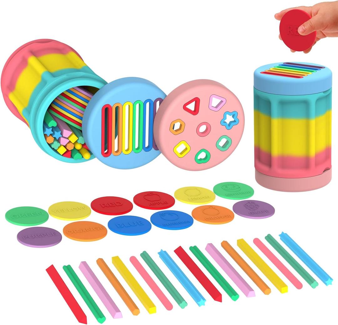 Color Sorting Game for Toddlers, Silicone Shape Matching Set with 2 Lids, 12 Color Discs & 16 Shape Sticks, Montessori Activity for Fine Motor Skills and Early Learning