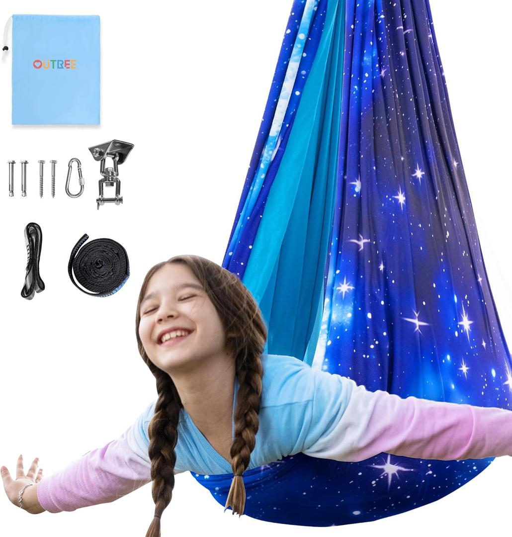 OUTREE Sensory Swing for Kids, Double Layer Therapy Hammock, Indoor Swing with 360 Swivel Hanger Kit and Adjustable Straps, Autism Sensory Product for Autism, ADHD (Blue Starry-Sky Printed)