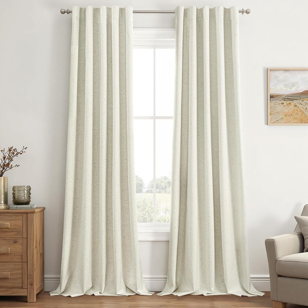 EMEMA Cream White Linen Blackout Curtains 90 inch Long 2 Panels Set for Bedroom Back Tab Thermal Insulated 100% Black Out Drapes Pinch Pleated Hooks Room Darkening Window Curtain for Living Room