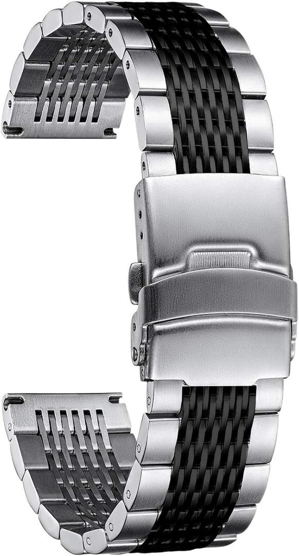 BINLUN Stainless Steel Watch Band, Quick Release Metal Watch Strap Silver Replacement with Double-Lock Deployment Clasp Watch Bracelet for Men Women Silver Black 22mm